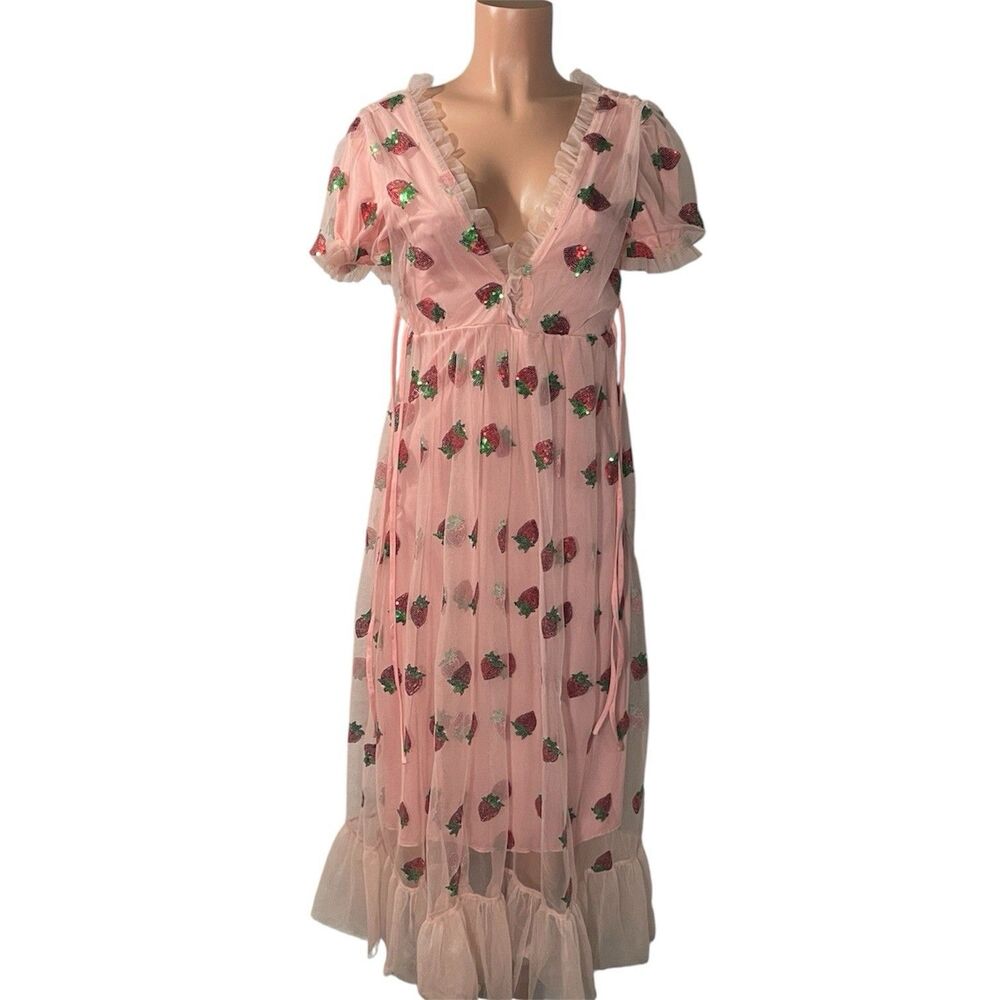 Strawberry Pink Sequin Ruffle Dress Womens Cottagecore Coquette Fairycore Small